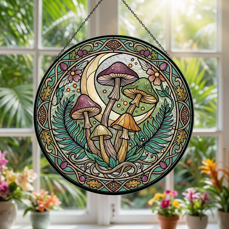 Panneau de vitrail Mushroom Moon ， 7,8H, H 7,8 po