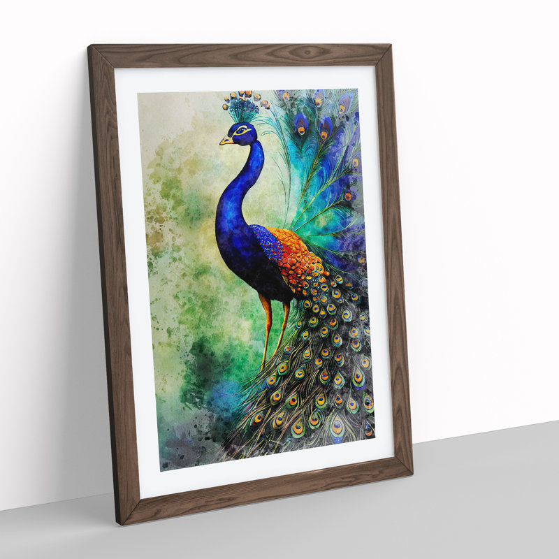 Watercolour Peacock No.2 - Framed Print, 46cm H x 34cm W x 2cm D, Walnut