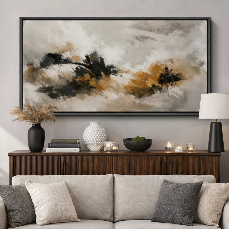 Bold Neutral Abstract Artwork with Black and Ochre Forms, Living Room Pictures, Framed Canvas Giclee Print Wall Art