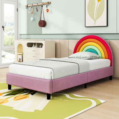 Twin Upholstered Platform Bed with Rainbow Headboard and Sturdy Frame