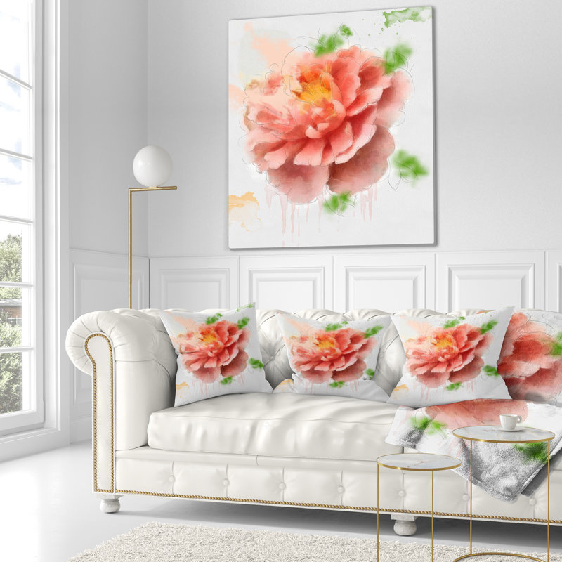 Light Red Rose Sketch Watercolor - Floral Printed Pillow, 16" x 16", Throw Pillow