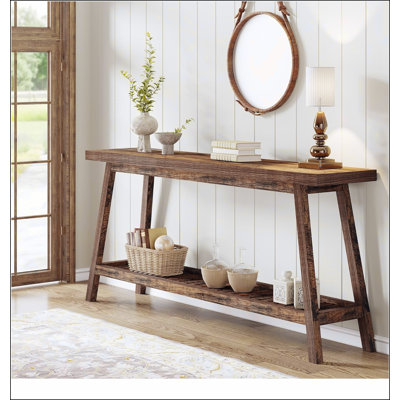 70.9 Inches Extra Long Farmhouse Console Table, Solid Wood Entryway Table with 2-Tier Open Storage, Rustic Narrow Sofa Table Behind Couch for Hallway, Living Room