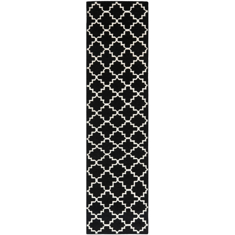 Rodgers Hand Woven Flat Weave Wool/Cotton Geometric Rug in Ivory/Black, Runner 2'6" x 10'