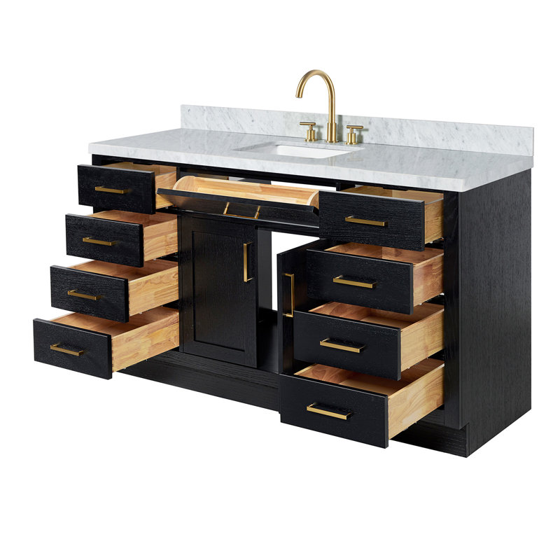 Tidworth 66'' Solid Wood Single Bathroom Vanity with 1.5'' Carrara Marble Top, Rectangular, Black Oak