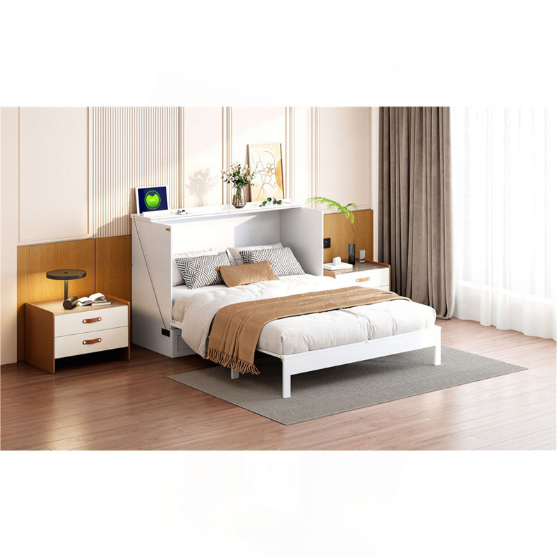 Lit escamotable double avec grands tiroirs, Lit double, Blanc