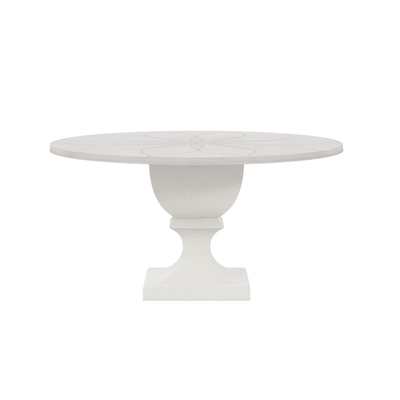 Dove Gray Round Wood Dining Table with Floral Inlay, Seats Six
