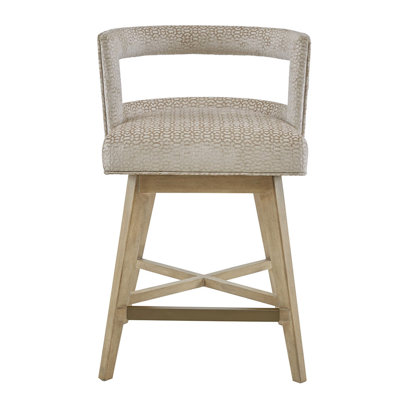Tabouret de comptoir pivotant avec coussin - bois massif de blé, revêtement crème, coussin de soutien du dossier contemporain à rotation de 180 degrés, métal bronze
