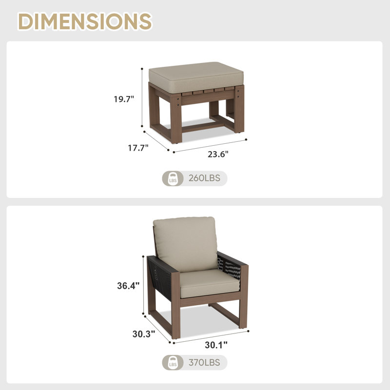 Ensemble de conversation de patio en osier avec coussins en oléfine et repose-pieds 4 pièces, Beige