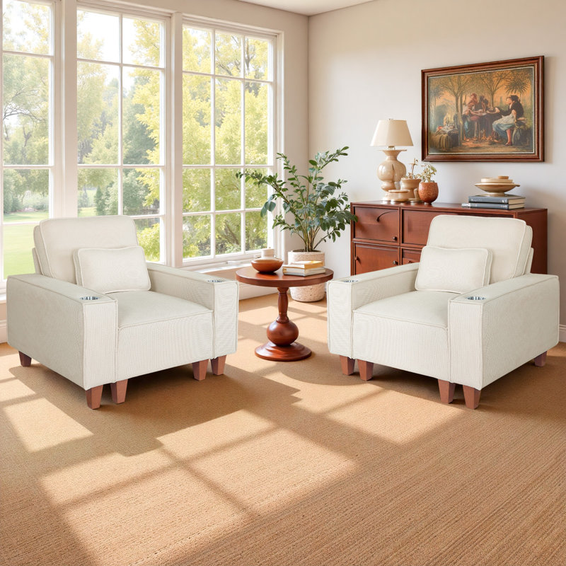 Wide Solid Accent Chair, Fabric Modern Armchairs, Upholstered Sofa Chair For Living Room, Beige