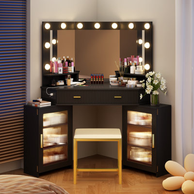 Modern Corner Makeup Vanity Set with Mirror and Cabinets