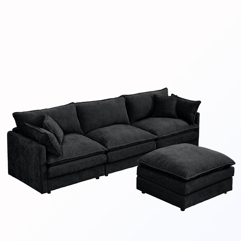 L-Shape Chenille Sectional Couches with Movable Ottoman, Black Chenille