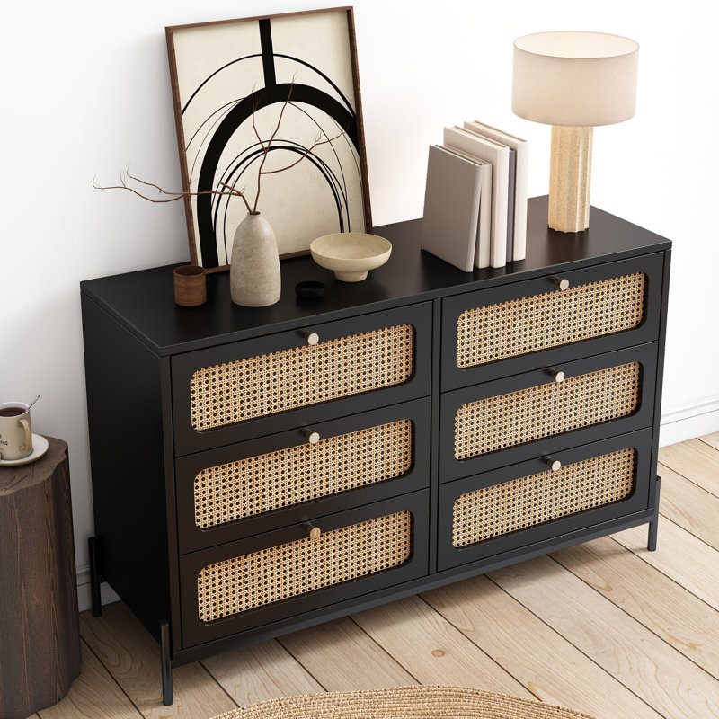 Armoire de rangement moderne en rotin à 6 tiroirs avec commode moderne pour chambre à coucher, salon, entrée et couloir