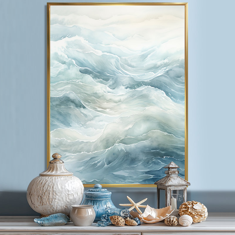 Impression sur toile Ocean Minimal Waves Charm, Cadre flottant doré, H 32 po x l 16 po x P 1 po