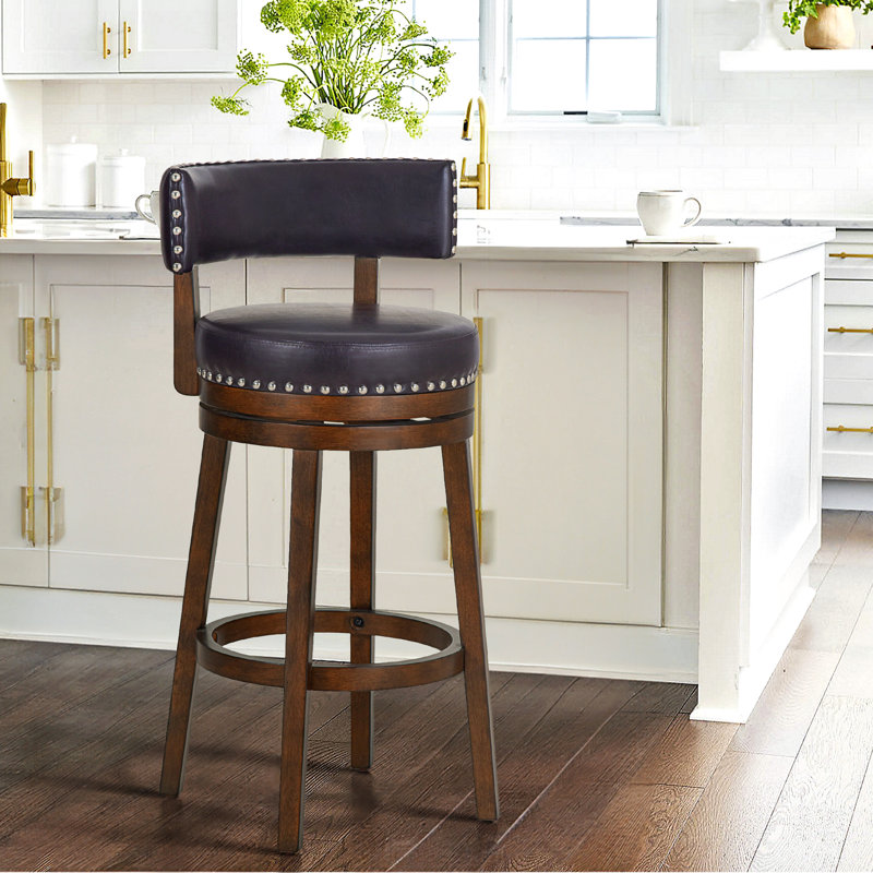 Tabouret de bar pivotant rembourré, chaise d'îlot de cuisine pivotante à 360° avec structure en bois massif, siège et dossier rembourrés, garniture cloutée