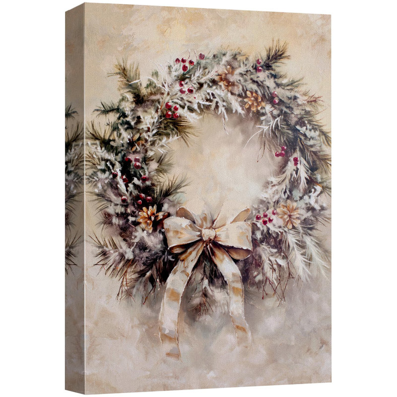 Couronne de sapin de Noël d'hiver avec baies, pommes de pin et ruban, art moderne, Toile tendue, H 18 po x l 12 po