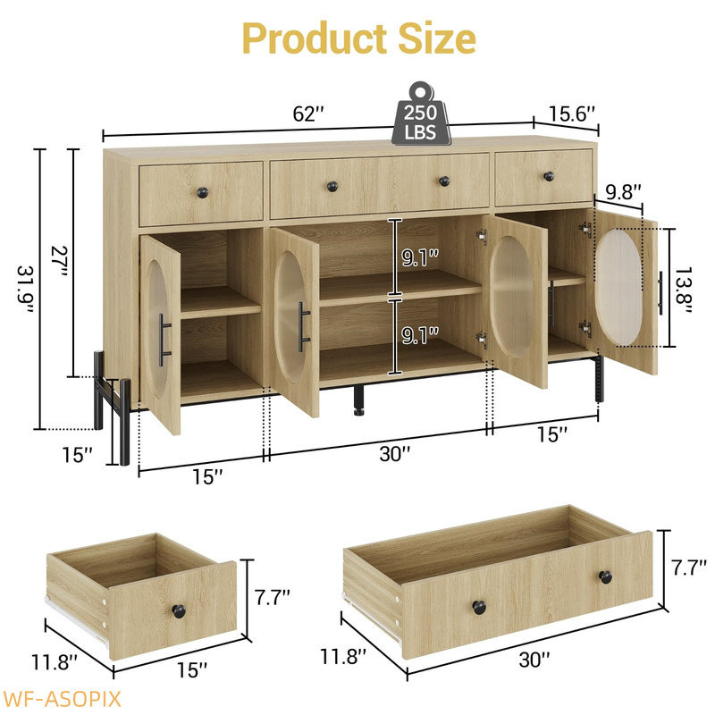 Wooden Sideboard Cabinet with 4 Doors & 3 Drawers for Kitchen & Dining, Yellow
