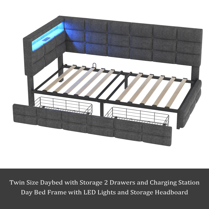 Twin Size Daybed With Storage 2 Drawers And Charging Station, Day Bed Frame With LED Lights And Storage Headboard, No Box-Spring Needed