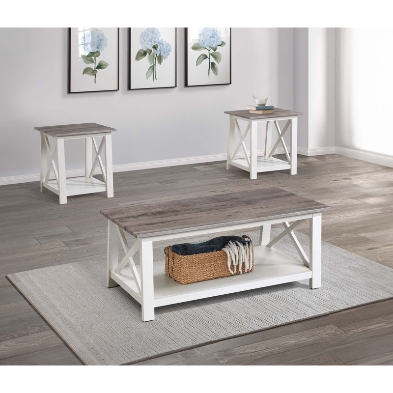 White Brown 3-Piece Set Table Top Cocktail Rectangular Coffee Table and Two Square End Tables