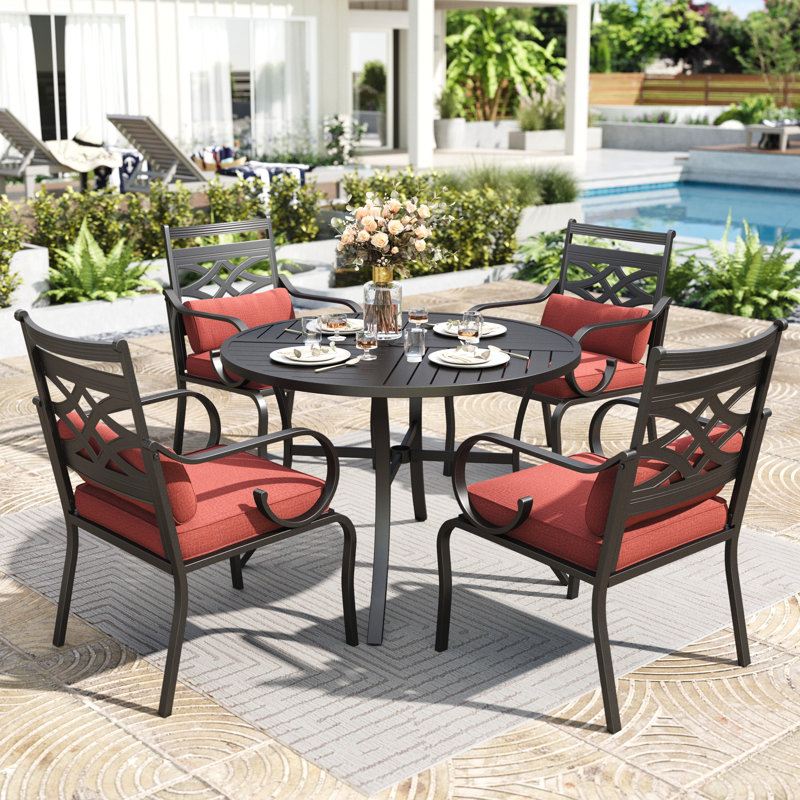 4 - Person Round Outdoor Dining Set With Cushions & Lumbar Support Pillows, Red