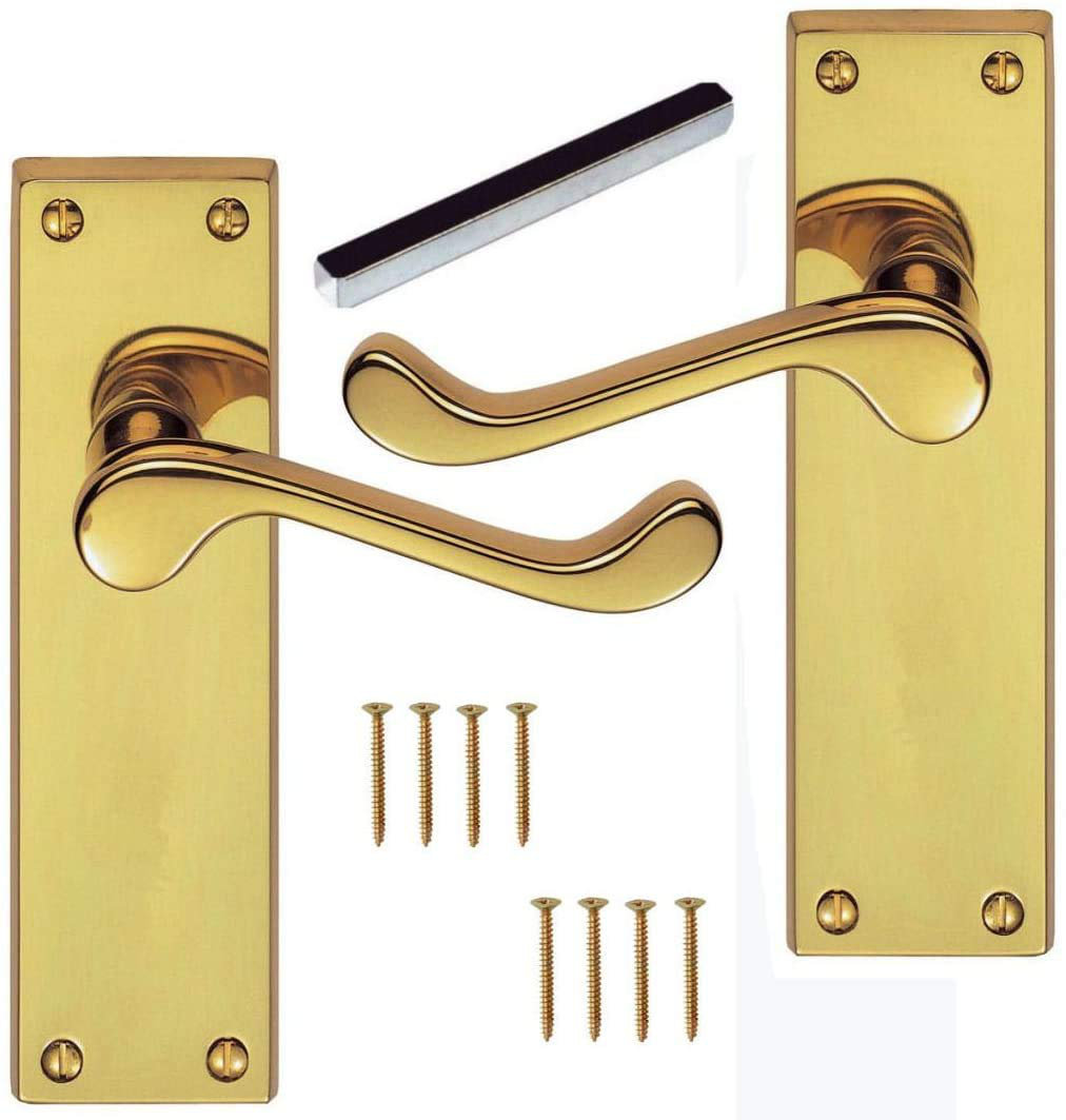 Golden Grace 1 Pair Victorian Scroll Door Handles in Polished Brass Finish with Latch - 120mm Backplate