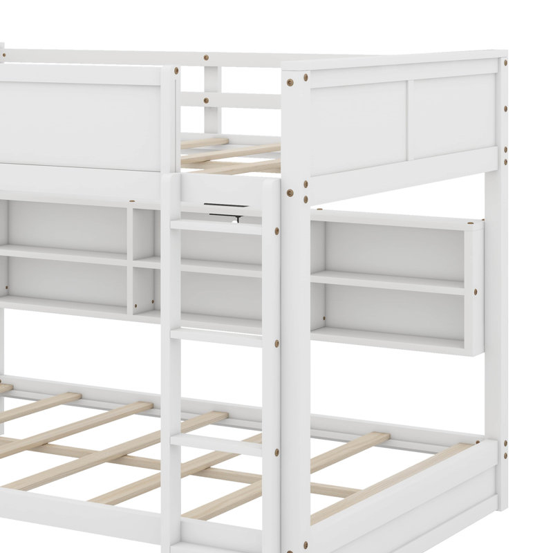 Queen Over Queen Bunk Bed With Built-In Storage Cabinets And Charging Station, White