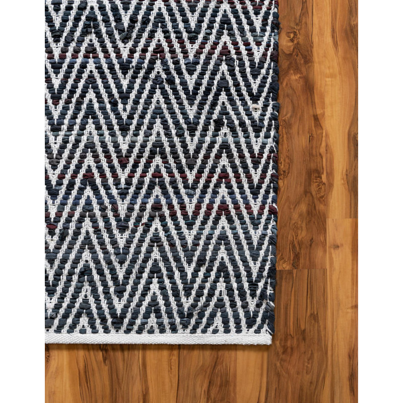 Tapis noir en coton tissé à plat à la main Hareesh, Rectangle 10 pi x 14 pi 1 po