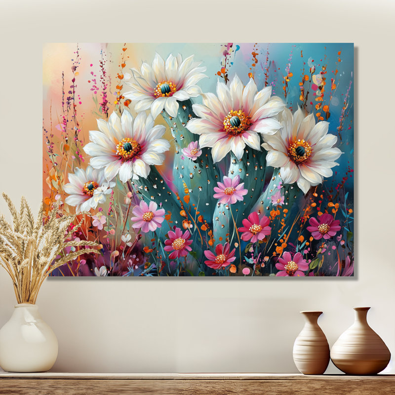 Cactus blanc et rose - Cactus, art mural, H 12 po x l 20 po, Toile tendue sur cadre, Ne s’applique pas