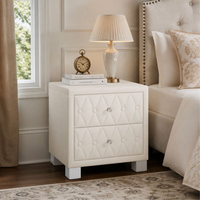 Table de chevet en velours beige avec 2 tiroirs, poignée en cristal et capitonnage à boutons pour le rangement de la chambre