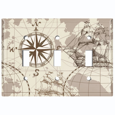 Metal Light Switch Plate Outlet Cover (World Sea Ship Globe Compass Brown - Single Toggle)