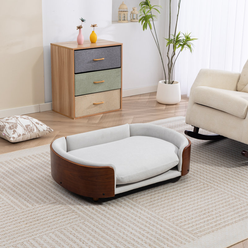 Lit pour chien en velours avec des pieds en bois robustes, Beige