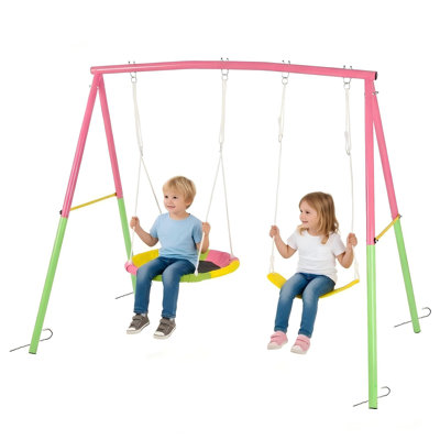 Heavy-Duty A-Frame Metal Swing Set for Backyard, 330 LBS Capacity with 1 Saucer Swing & 1 Belt Swing Seat