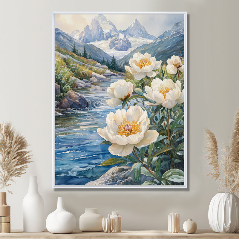Genelles pivoines et les eaux glaciaires - pivoines, art mural, H 32 po x l 24 po, Reproduction avec cadre flottant, Blanc