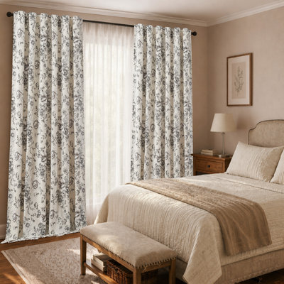 Linen Blackout Peony Flower Printed Rod Pocket Curtain Pair