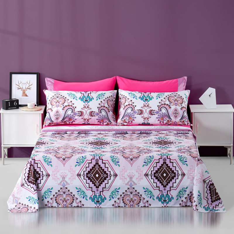 Ensemble de draps 6 pièces Polycotton, Courtepointe pour grand lit + 5 pièces supplémen, Blanc géométrique