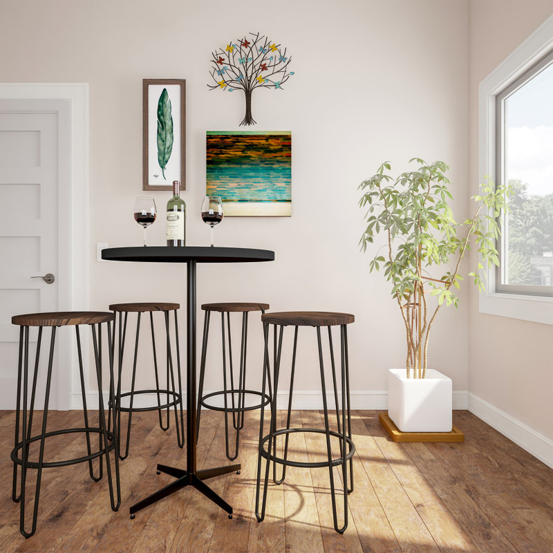 Cadell Bar-Height Stools - Round Wood Barstools with Hairpin Legs for Kitchen or Dining Room - Modern Farmhouse Furniture