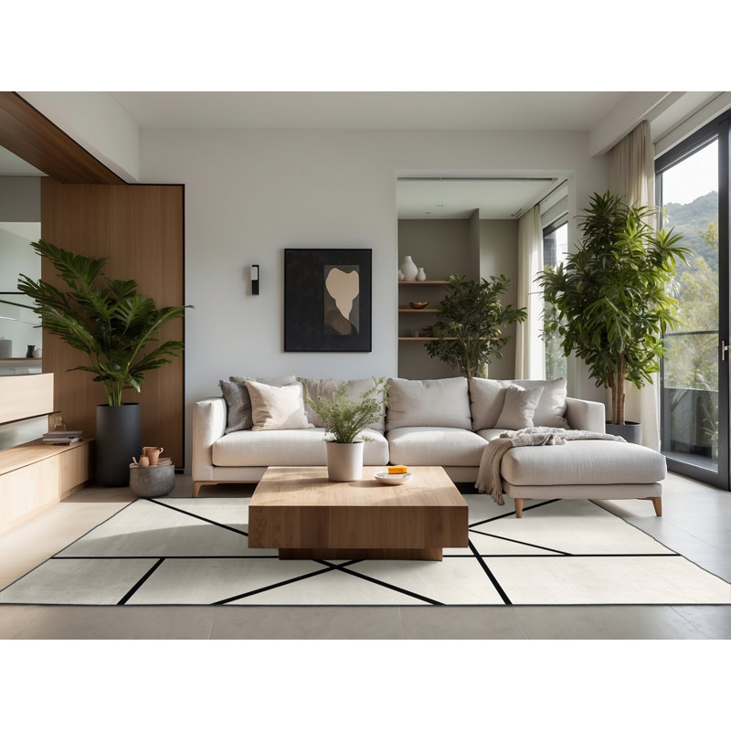 Soft Plush Eatman Minimalist Geometric Area Rug in Beige – Black Binding, 3 x 5