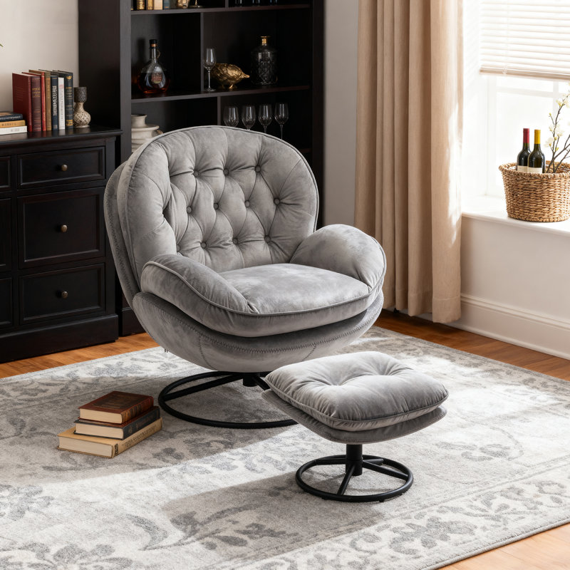 Fauteuil d'appoint avec repose-pieds Anouk, Velours gris velours