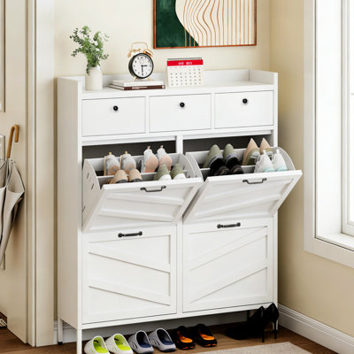 Shoe Rack With Legs - Metal Cabinet White, 4 Flip Drawers + 3 Drawers, Stable And Attractive For Living Room Apartment Entryway Storage Up Tip Front D