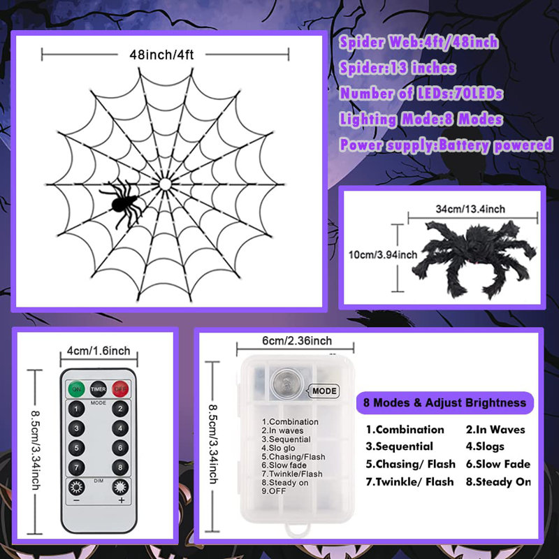 Toile d'araignée d'Halloween 4 pi diamètre 70 DEL avec araignée noire, Mauve