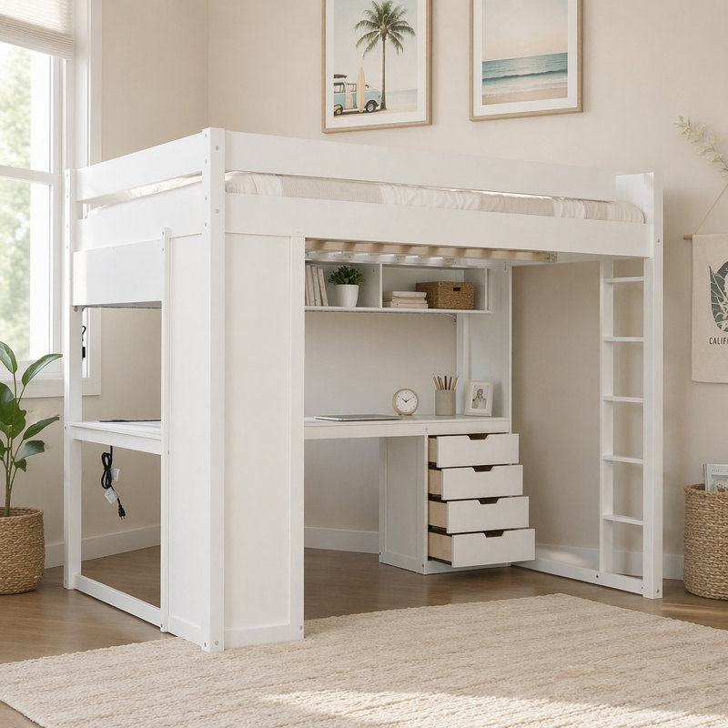 Lit mezzanine double en bois massif avec bureau en L et 4 tiroirs, White, Double