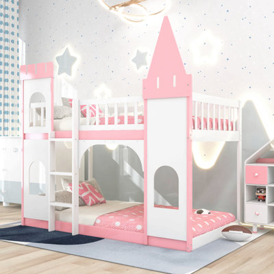 Lit superposé simple au-dessus d'un lit simple avec échelle - rose