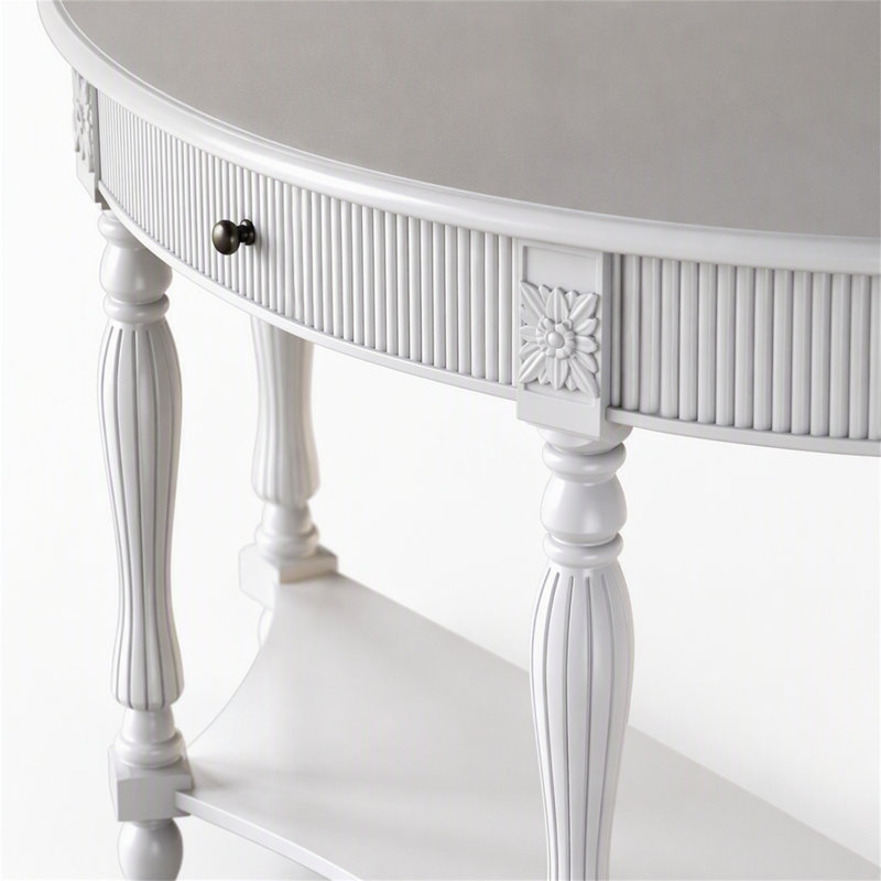 Console demi-lune en bois massif avec tiroir et tablette, Blanc, Blanc, Blanc
