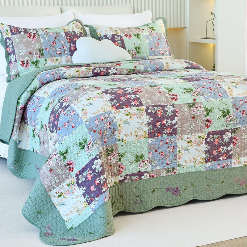 Sage/Purple Standard Cotton Embroidered Lightweight Quilt Set, Twin Quilt + 1 Standard Sham