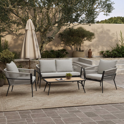 4-Piece Modern 4-Piece Outdoor Conversation Set with PE Rope Chairs & Wood-Look Coffee Table, 4-Piece Aluminum Patio Furniture Set