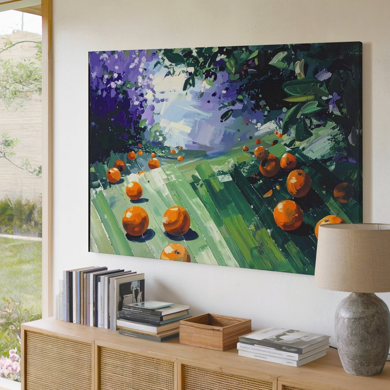 Toile vibrante, mandarine, danse, art abstrait à fruits et rayures, H 9 po x l 12 po