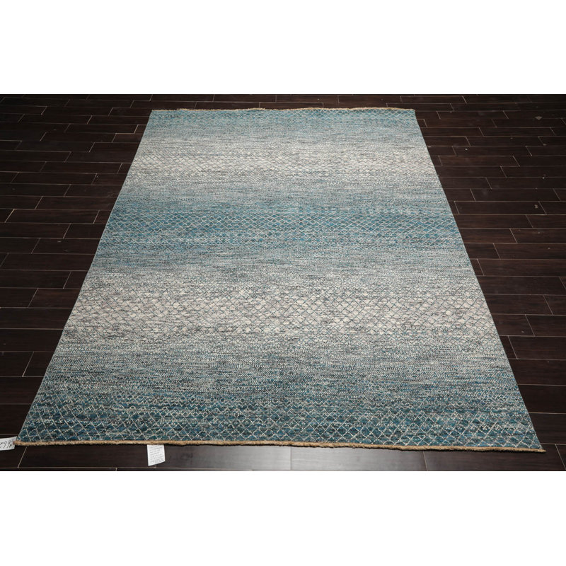 Tapis oriental rectangulaire en laine noué à la main de conception unique 8 pi x 10 pi crème / turquoise / gris