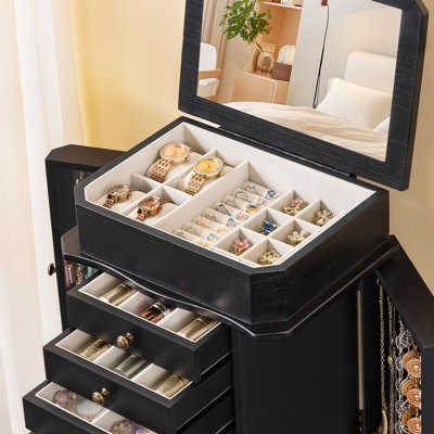 Armoire à bijoux autoportante de 13,78 po de large eerica, noire