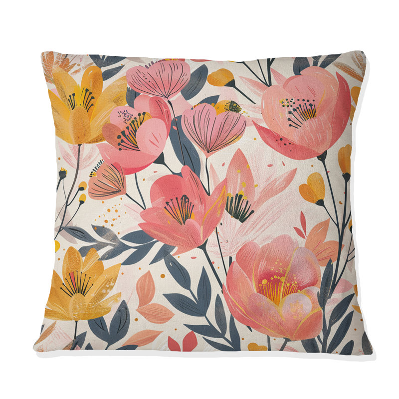 Coussin décoratif rose et jaune avec motifs floraux Fusion Gardens, H 16 po x l 16 po