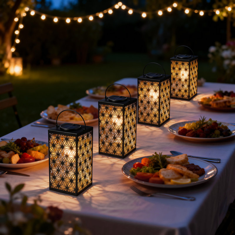 11"H Black Metal Cutout Pattern Solar Powered Hanging Lantern With LED Light