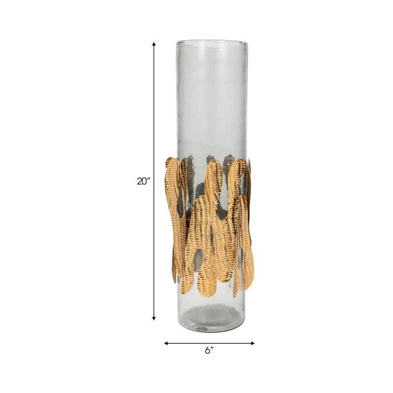 Porte-pilier en verre et en métal avec détails sculptés en forme de feuille et corps cylindrique, H 20 po x l 6 po x P 6 po